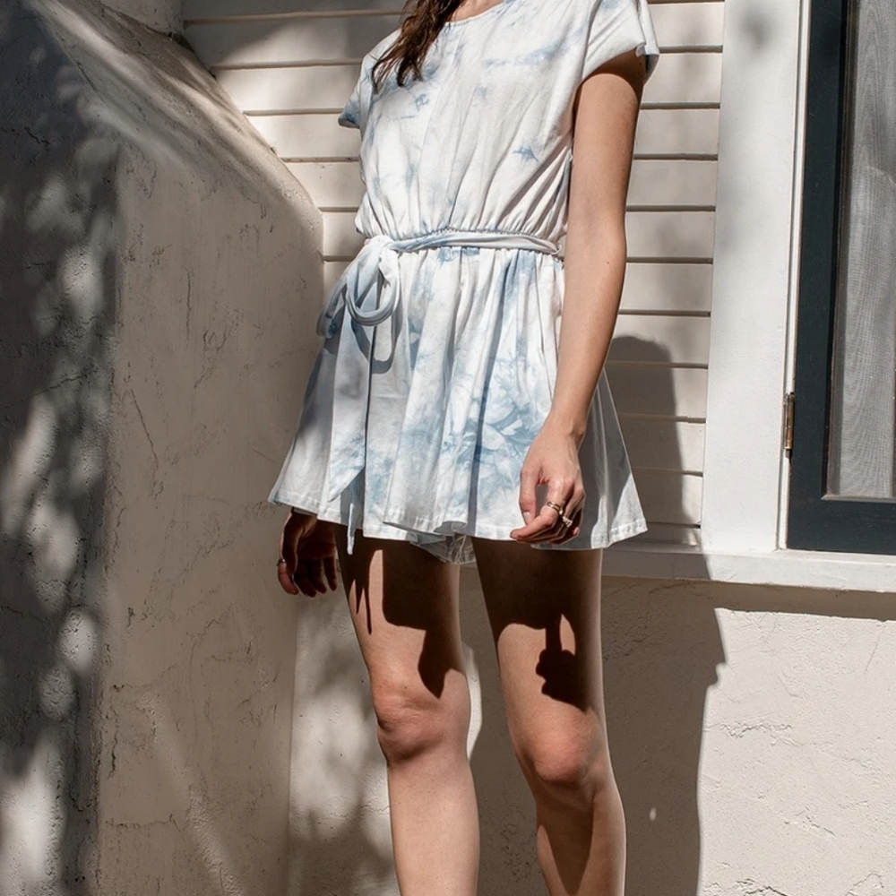 Lulus On A Road Trip Blue Tie-Dye Short Sleeve Romper Active Oversized Casual XL